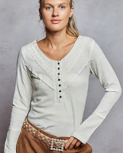 POL Ribbed Half Button Lace Detail Knit Top - Sleekdenim.com