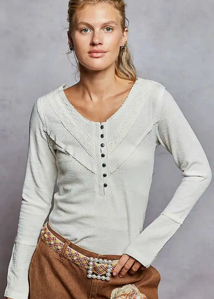 POL Ribbed Half Button Lace Detail Knit Top - Sleekdenim.com