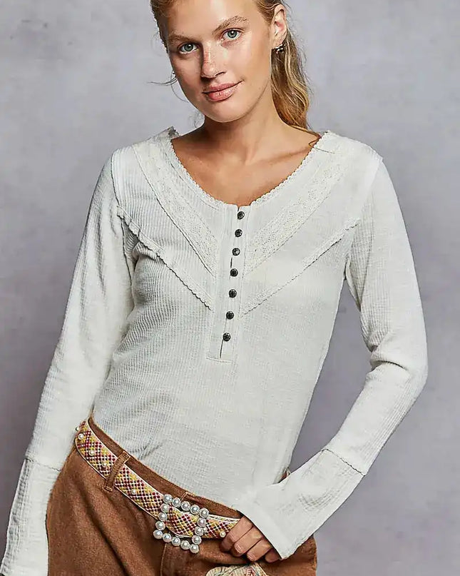 POL Ribbed Half Button Lace Detail Knit Top - Sleekdenim.com