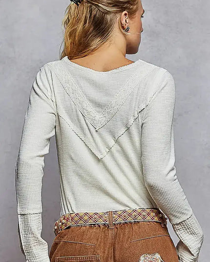 POL Ribbed Half Button Lace Detail Knit Top - Sleekdenim.com