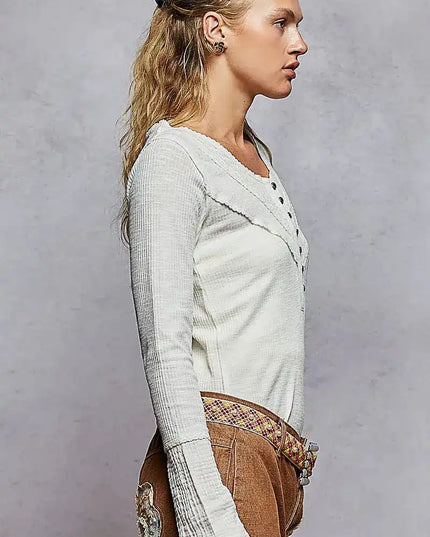 POL Ribbed Half Button Lace Detail Knit Top - Sleekdenim.com