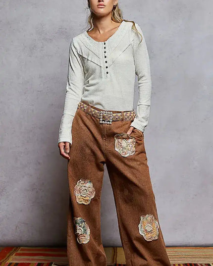 POL Ribbed Half Button Lace Detail Knit Top - Sleekdenim.com