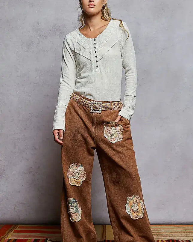 POL Ribbed Half Button Lace Detail Knit Top - Sleekdenim.com