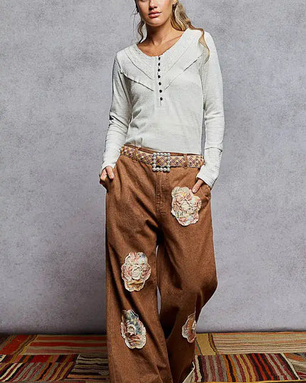 POL Ribbed Half Button Lace Detail Knit Top - Sleekdenim.com