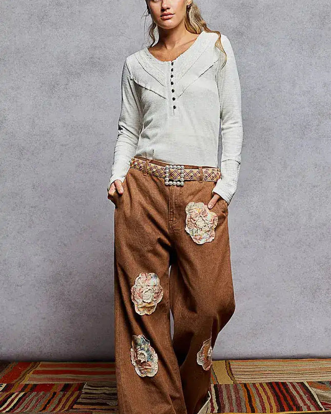 POL Ribbed Half Button Lace Detail Knit Top - Sleekdenim.com