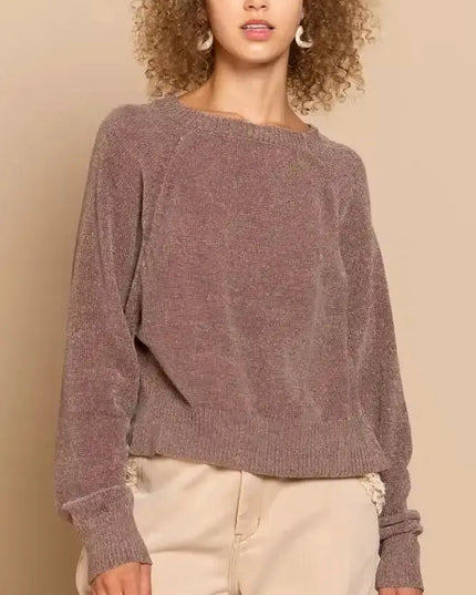 POL Round Neck Backless Sweater with Ribbed Edge - Sleekdenim.com