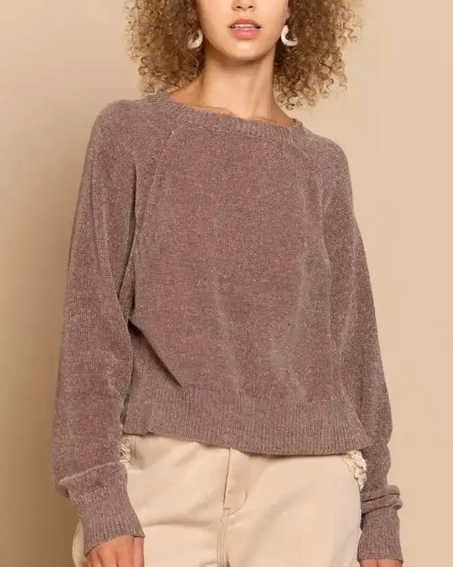 POL Round Neck Backless Sweater with Ribbed Edge - Sleekdenim.com
