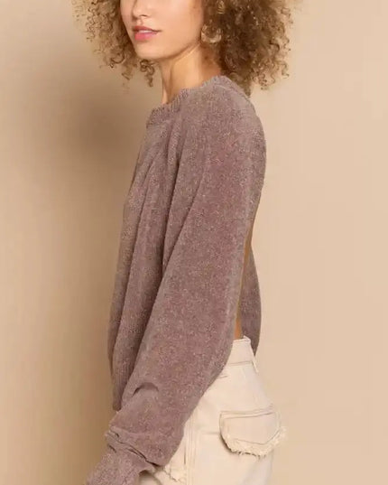 POL Round Neck Backless Sweater with Ribbed Edge - Sleekdenim.com