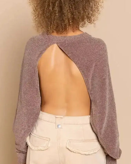 POL Round Neck Backless Sweater with Ribbed Edge - Sleekdenim.com