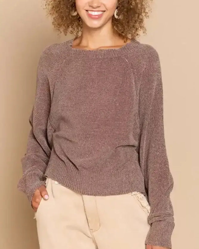 POL Round Neck Backless Sweater with Ribbed Edge - Sleekdenim.com