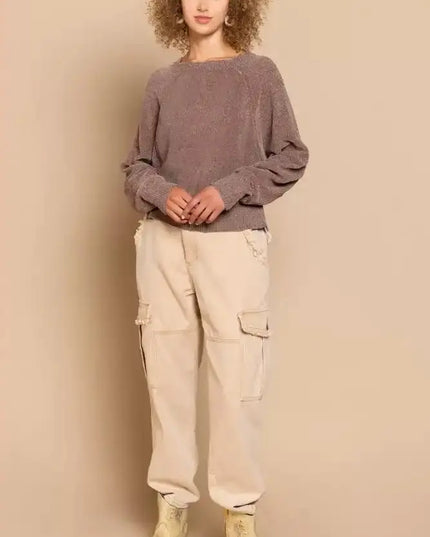 POL Round Neck Backless Sweater with Ribbed Edge - Sleekdenim.com