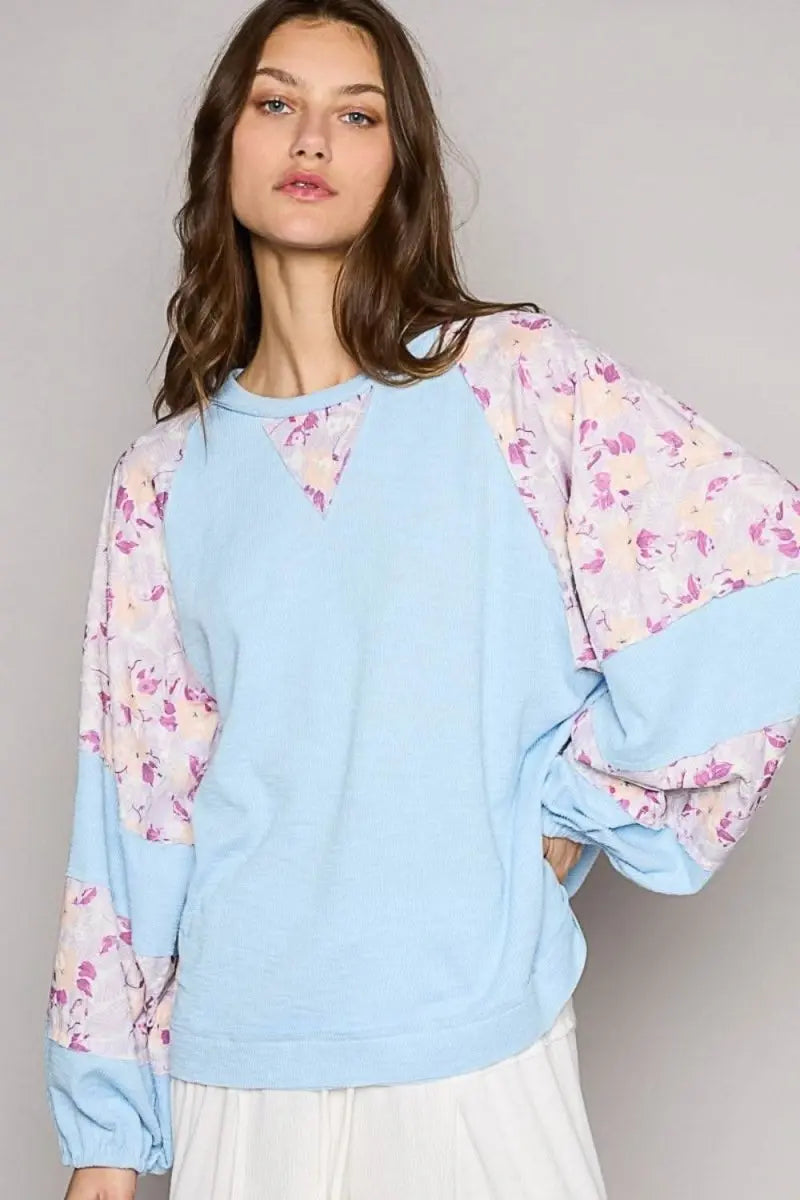 POL Round Neck Balloon Floral Long Sleeve Top - Sleekdenim.com