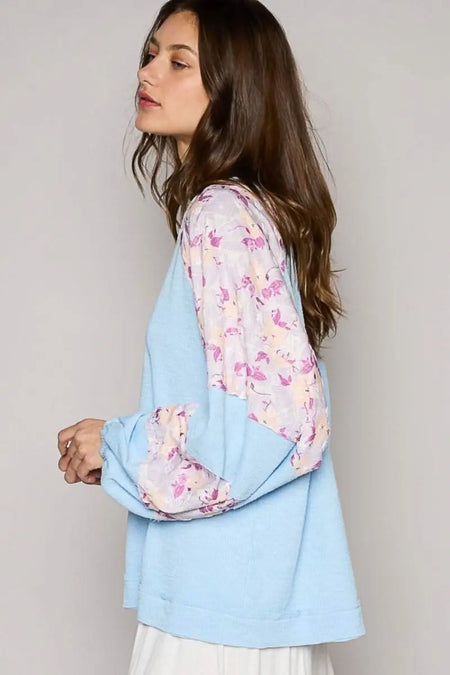 POL Round Neck Balloon Floral Long Sleeve Top - Sleekdenim.com