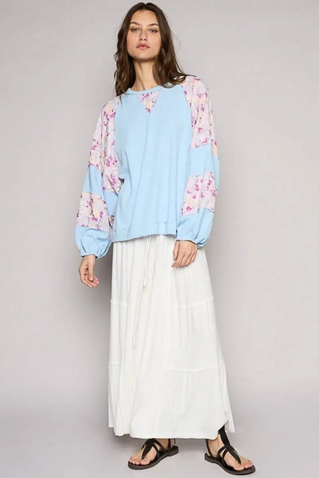 POL Round Neck Balloon Floral Long Sleeve Top - Sleekdenim.com