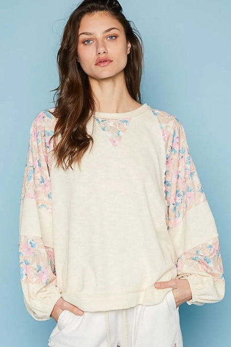 POL Round Neck Balloon Floral Long Sleeve Top - Sleekdenim.com