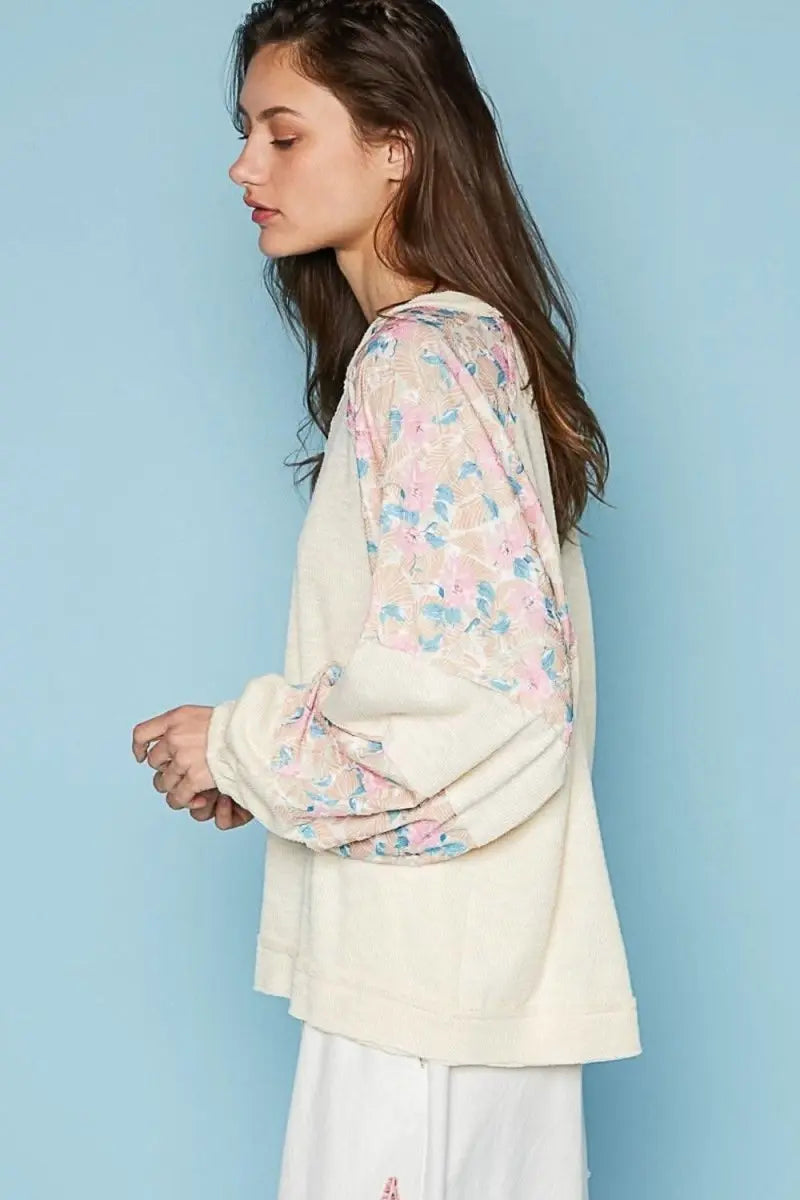 POL Round Neck Balloon Floral Long Sleeve Top - Sleekdenim.com