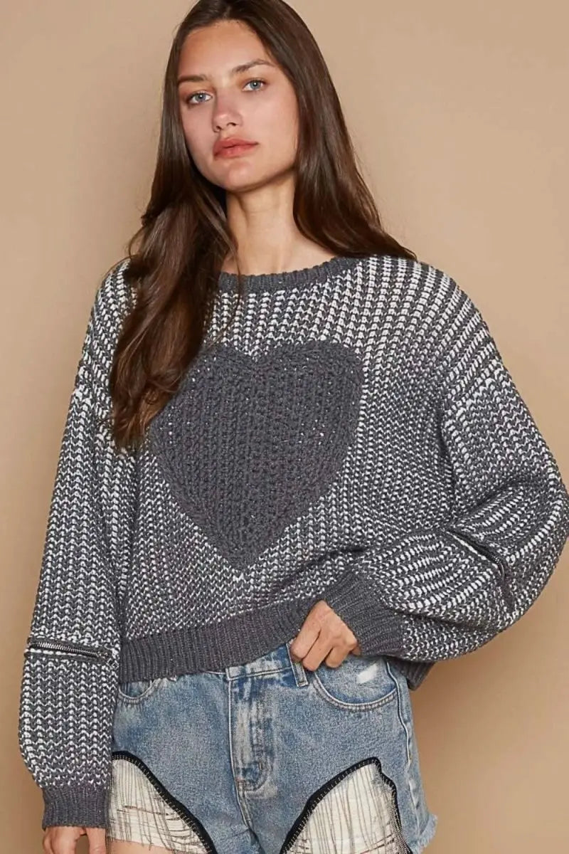 POL Round Neck Heart Patch Zipper Point Sleeve Sweater - Sleekdenim.com