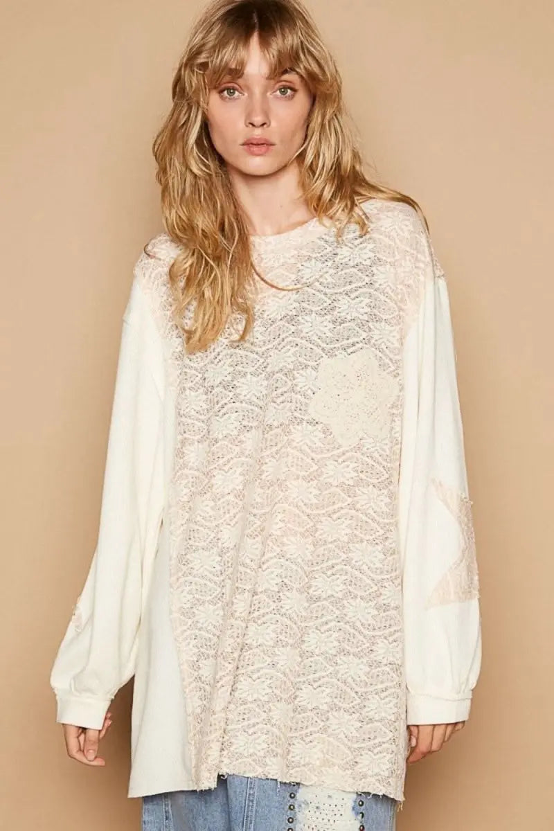 POL Round Neck Long Sleeve Crochet Patches Top - Sleekdenim.com