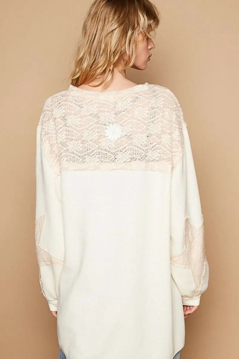 POL Round Neck Long Sleeve Crochet Patches Top - Sleekdenim.com