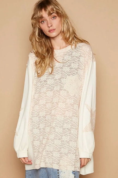 POL Round Neck Long Sleeve Crochet Patches Top - Sleekdenim.com