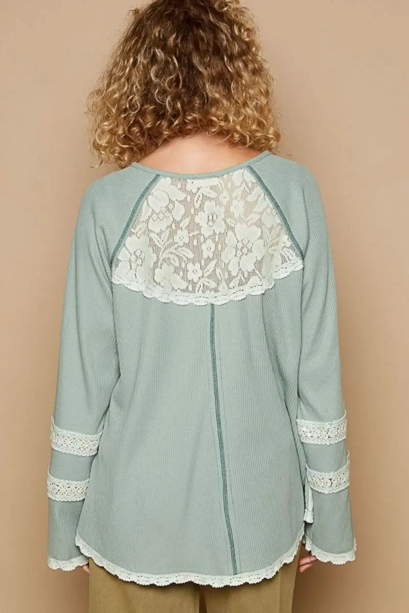 POL Round Neck Long Sleeve Lace Trim Thermal Top - Sleekdenim.com