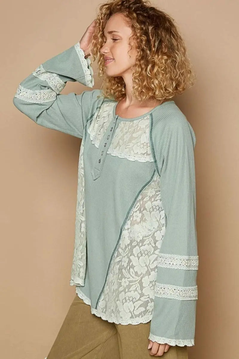 POL Round Neck Long Sleeve Lace Trim Thermal Top - Sleekdenim.com