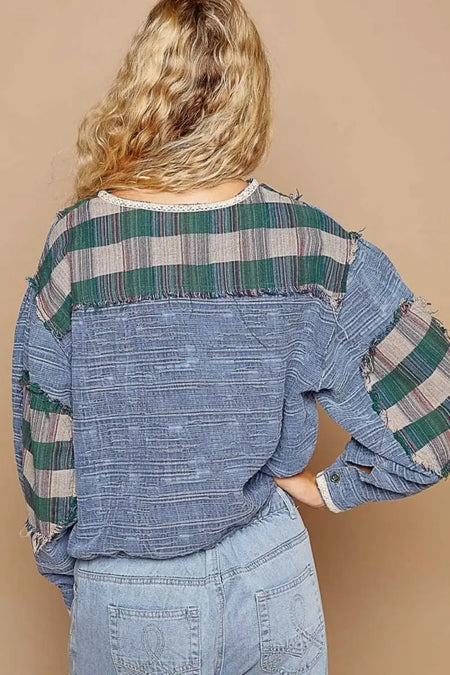 POL Round Neck Long Sleeve Plaid Shirt - Sleekdenim.com