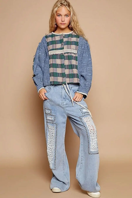 POL Round Neck Long Sleeve Plaid Shirt - Sleekdenim.com