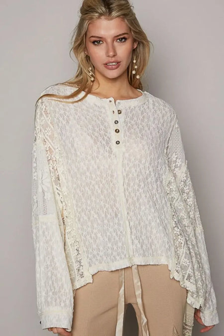 POL Round Neck Long Sleeve Raw Edge Lace Top - Sleekdenim.com