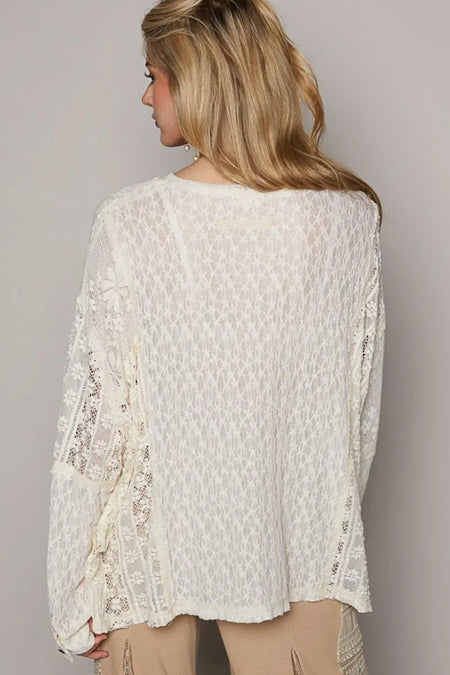 POL Round Neck Long Sleeve Raw Edge Lace Top - Sleekdenim.com