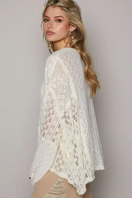 POL Round Neck Long Sleeve Raw Edge Lace Top - Sleekdenim.com