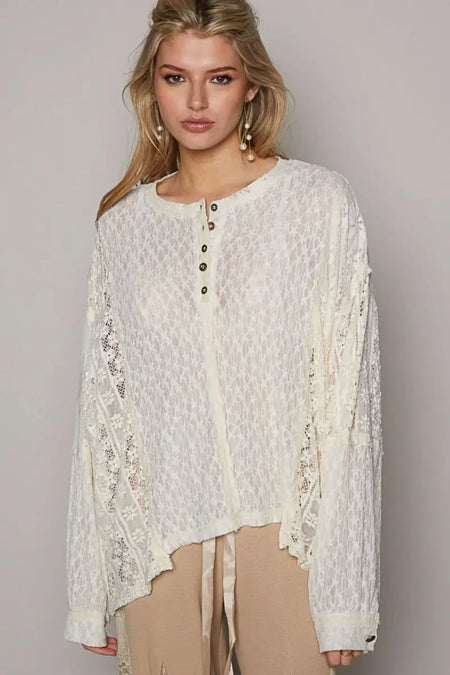 POL Round Neck Long Sleeve Raw Edge Lace Top - Sleekdenim.com