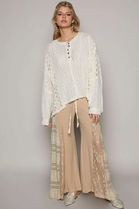 POL Round Neck Long Sleeve Raw Edge Lace Top - Sleekdenim.com