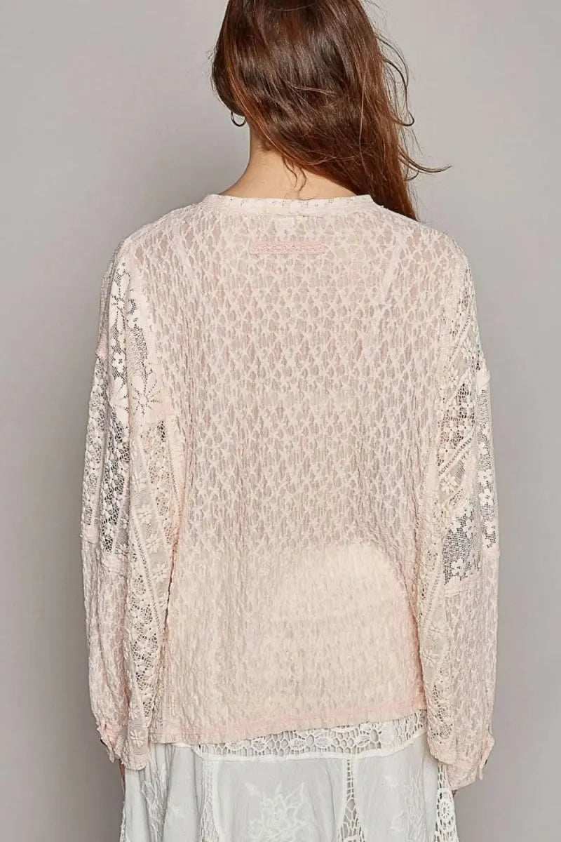 POL Round Neck Long Sleeve Raw Edge Lace Top - Sleekdenim.com