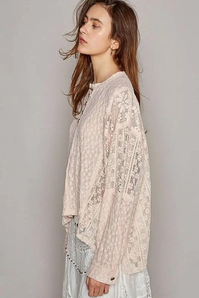 POL Round Neck Long Sleeve Raw Edge Lace Top - Sleekdenim.com