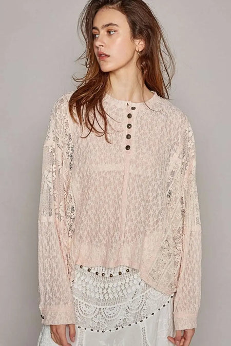 POL Round Neck Long Sleeve Raw Edge Lace Top - Sleekdenim.com