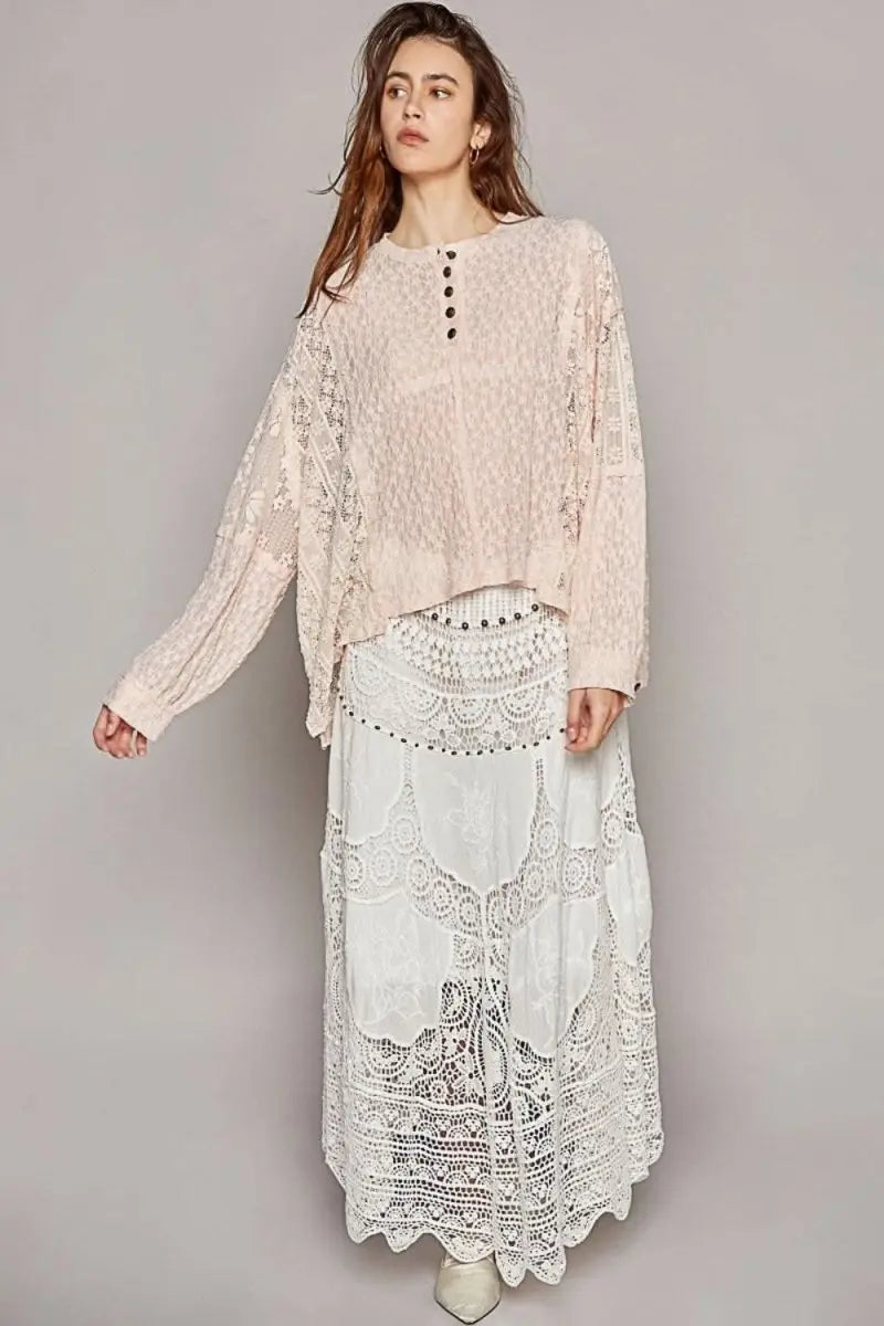 POL Round Neck Long Sleeve Raw Edge Lace Top - Sleekdenim.com