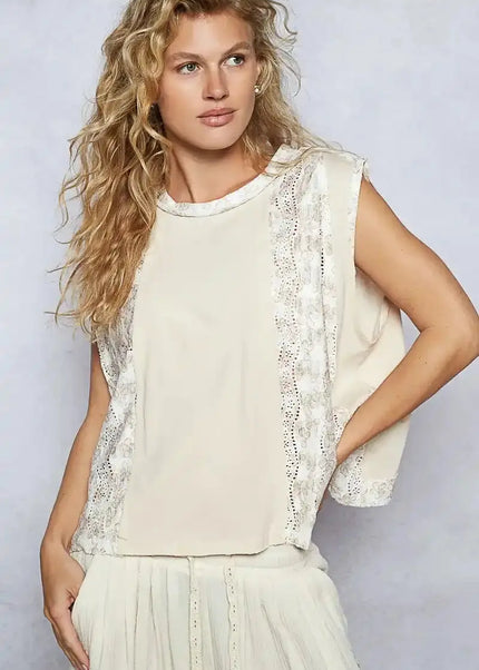 POL Round Neck Sleeveless Top with Floral Contrast - Sleekdenim.com