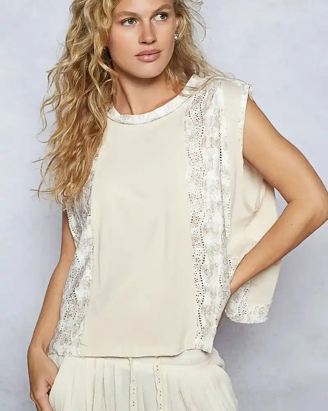 POL Round Neck Sleeveless Top with Floral Contrast - Sleekdenim.com