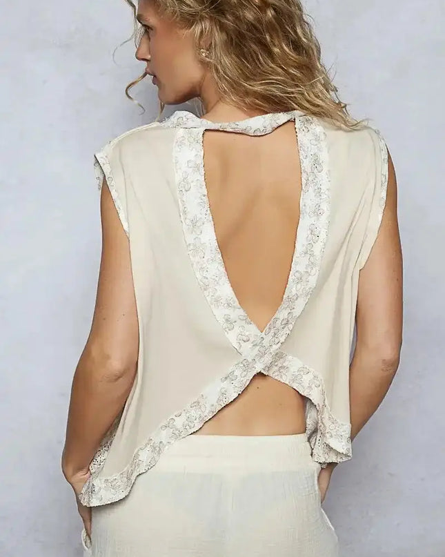 POL Round Neck Sleeveless Top with Floral Contrast - Sleekdenim.com