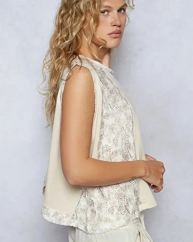 POL Round Neck Sleeveless Top with Floral Contrast - Sleekdenim.com