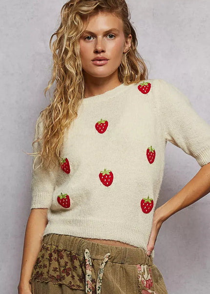 POL Round Neck Strawberry Patch Sweater with Shirring Shoulder - Sleekdenim.com