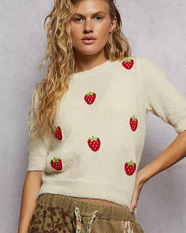 POL Round Neck Strawberry Patch Sweater with Shirring Shoulder - Sleekdenim.com