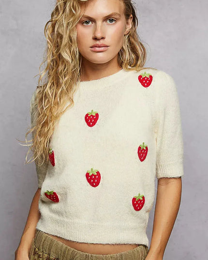 POL Round Neck Strawberry Patch Sweater with Shirring Shoulder - Sleekdenim.com