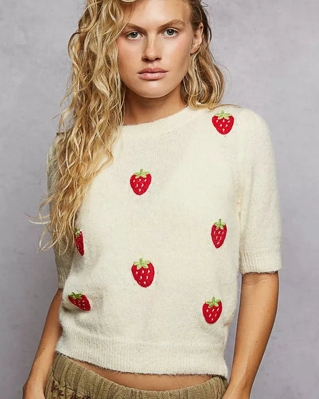 POL Round Neck Strawberry Patch Sweater with Shirring Shoulder - Sleekdenim.com