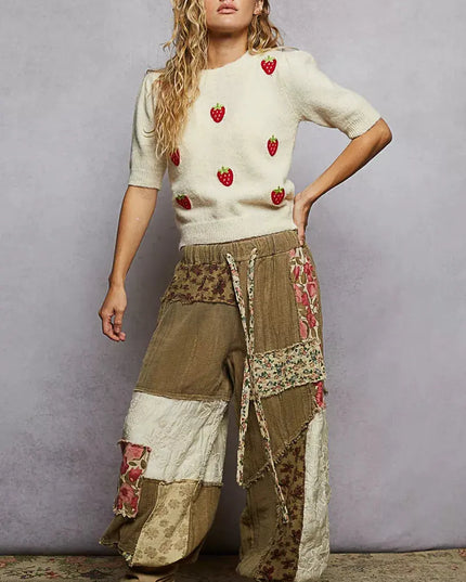 POL Round Neck Strawberry Patch Sweater with Shirring Shoulder - Sleekdenim.com