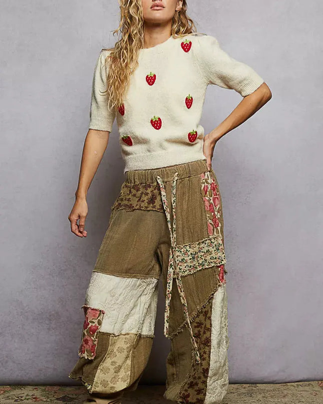 POL Round Neck Strawberry Patch Sweater with Shirring Shoulder - Sleekdenim.com