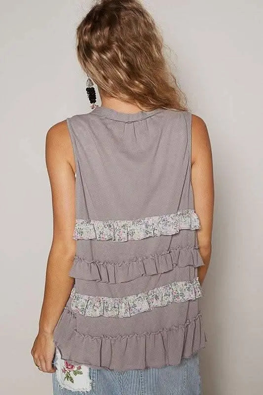 POL Ruffled Open Front Sleeveless Cardigan - Sleekdenim.com