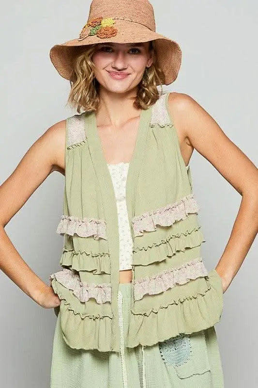 POL Ruffled Open Front Sleeveless Cardigan - Sleekdenim.com