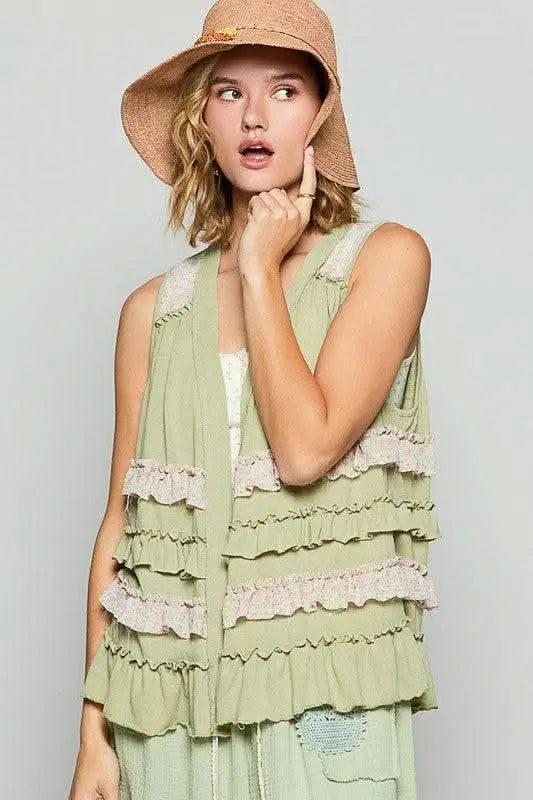 POL Ruffled Open Front Sleeveless Cardigan - Sleekdenim.com